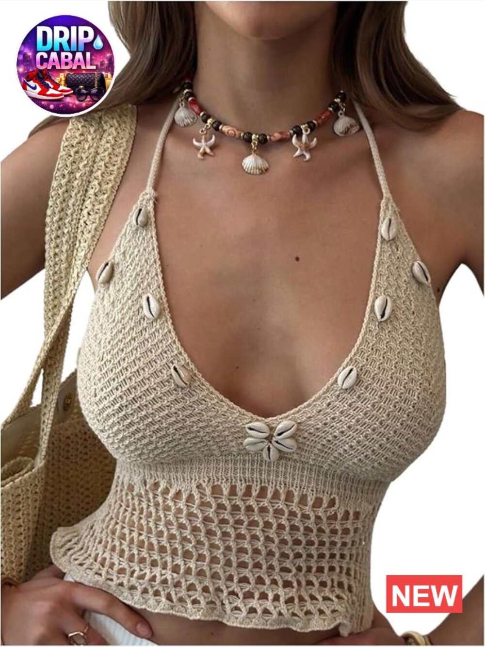 Crochet Halter Top Seashell Open Back Tie Backless Boho Beach Resort Crop Tank